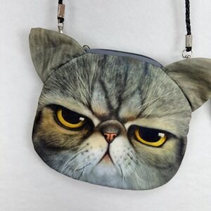 Cat Face Novelty Crossbody Bag and Coin Purse Set OS Gray Kitsch Quirky Style